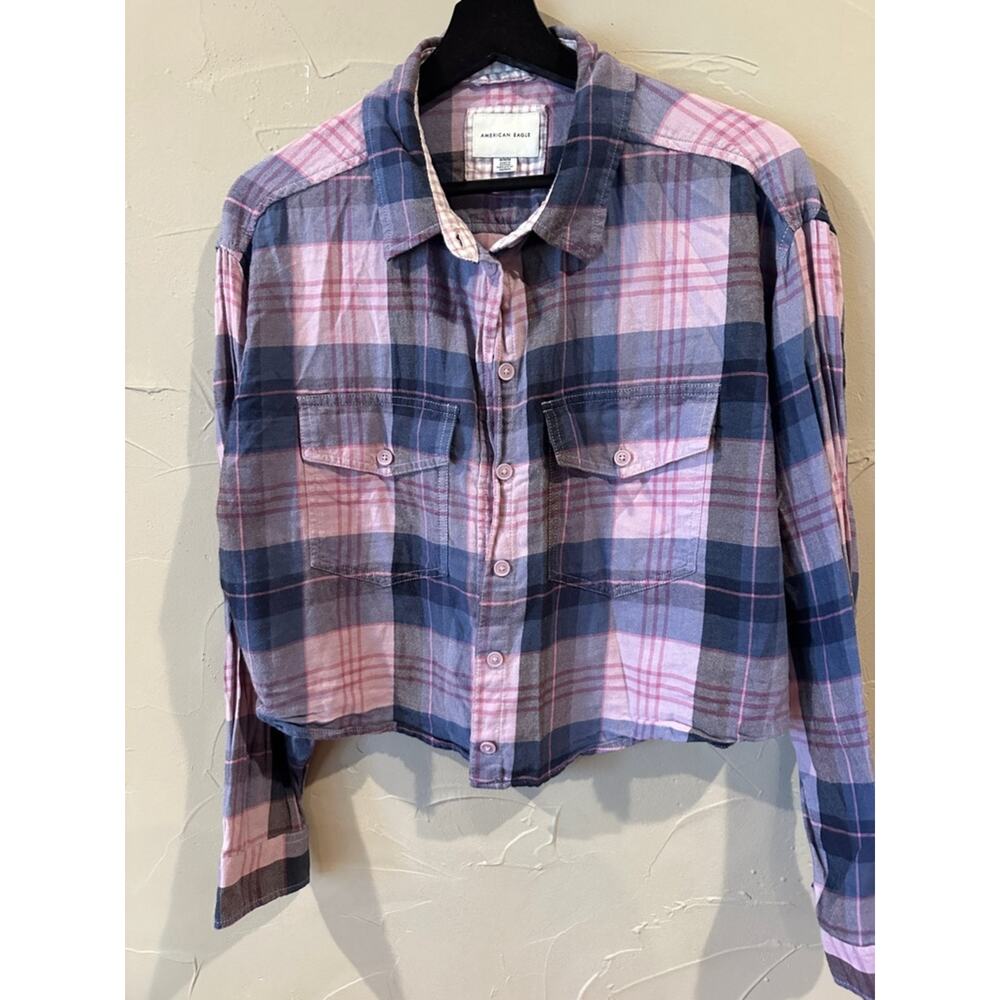American Eagle Pink & Navy Plaid Shirt - Picture 4 of 6